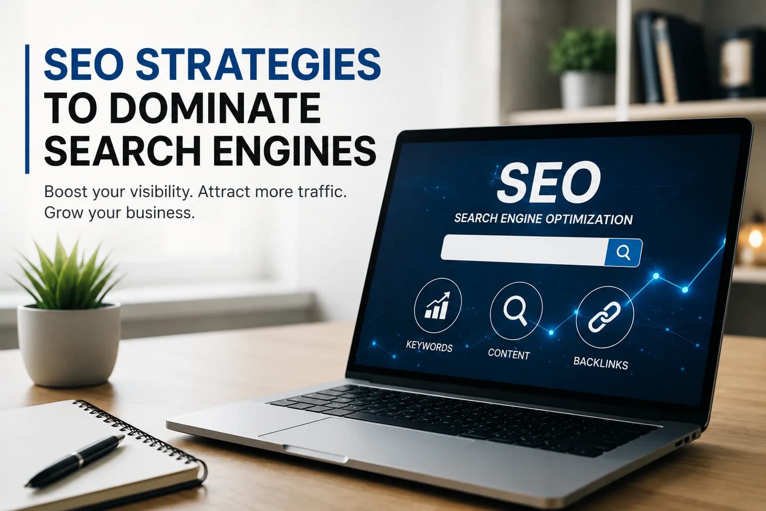 SEO strategije za dominaciju pretraživačima prikazane kroz moderan laptop i digitalni marketing workspace.