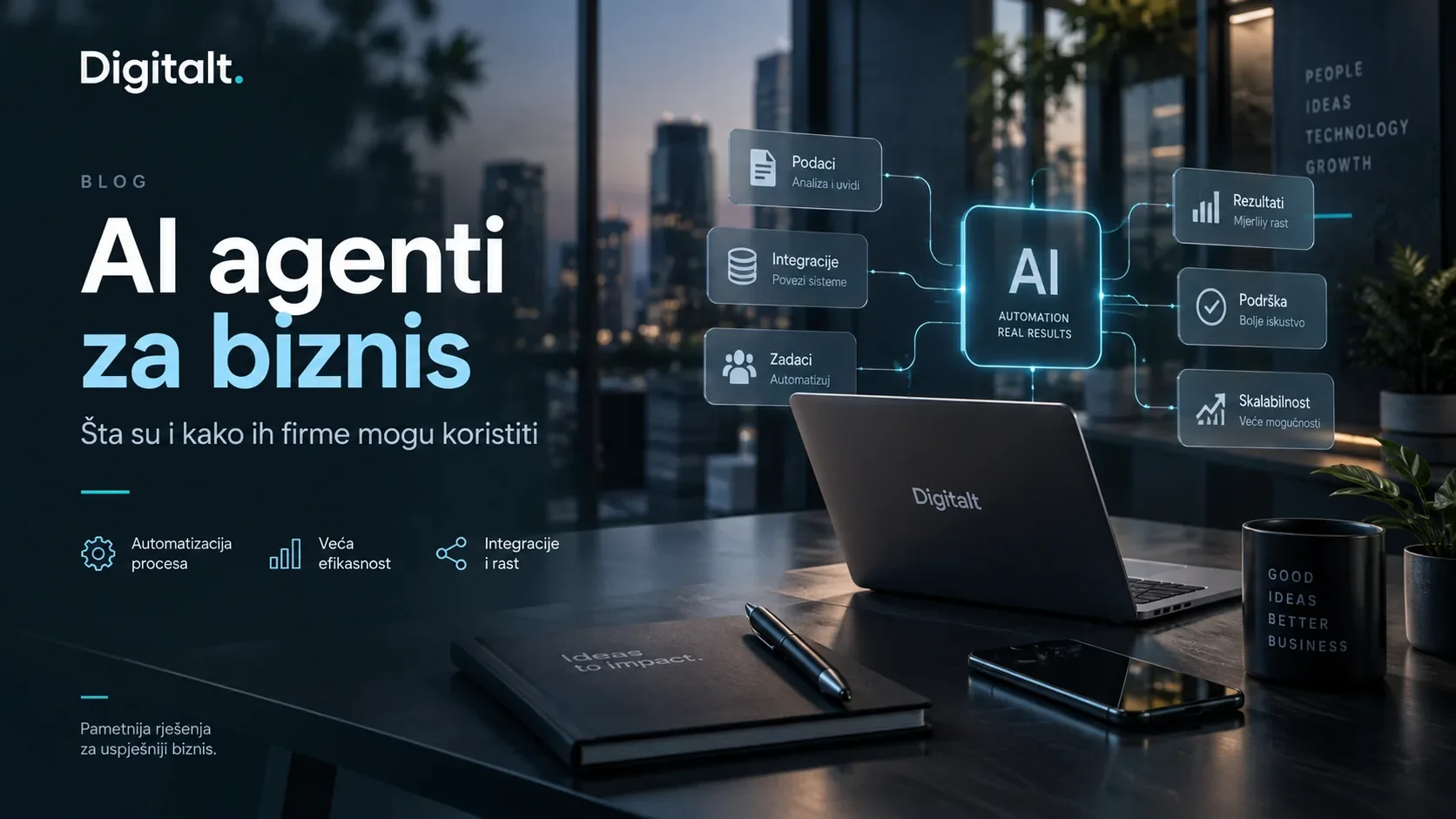 AI agenti za biznis prikazani kroz profesionalno digitalno poslovno okruženje sa automatizacijom procesa, integracijama, analizom podataka, podrškom i skalabilnošću.