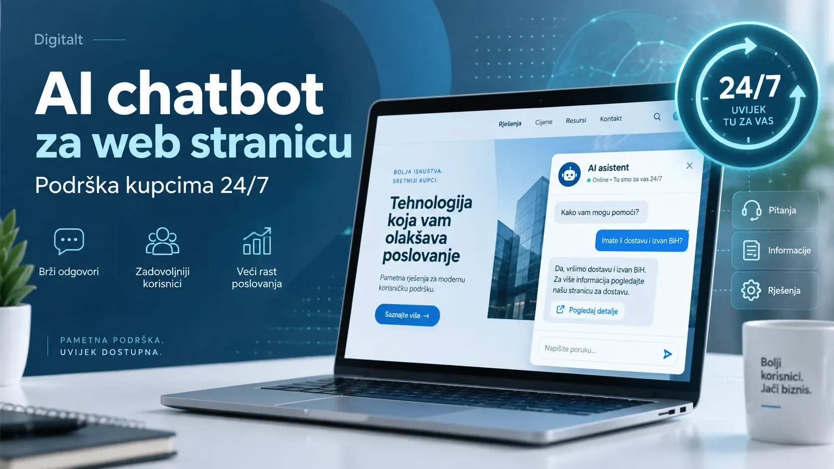 AI chatbot za web stranicu sa 24/7 korisničkom podrškom i automatizovanim odgovorima za firme
