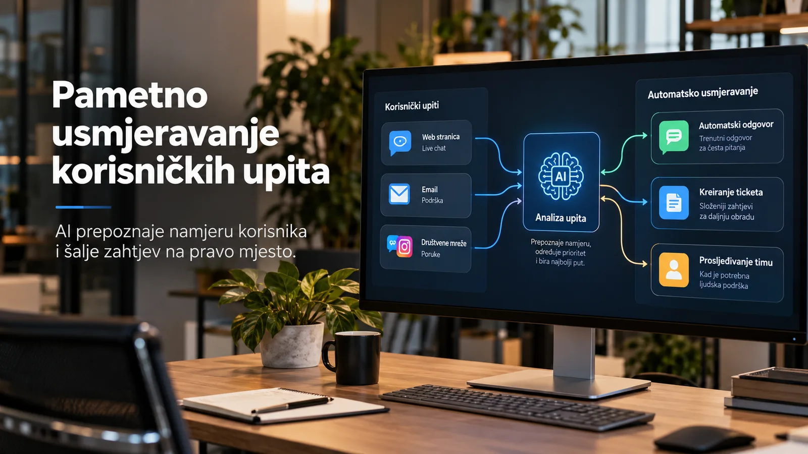 AI automatizacija korisničke podrške i pametno usmjeravanje upita s web stranice, e-maila i društvenih mreža prema automatskim odgovorima ili zaposlenicima.