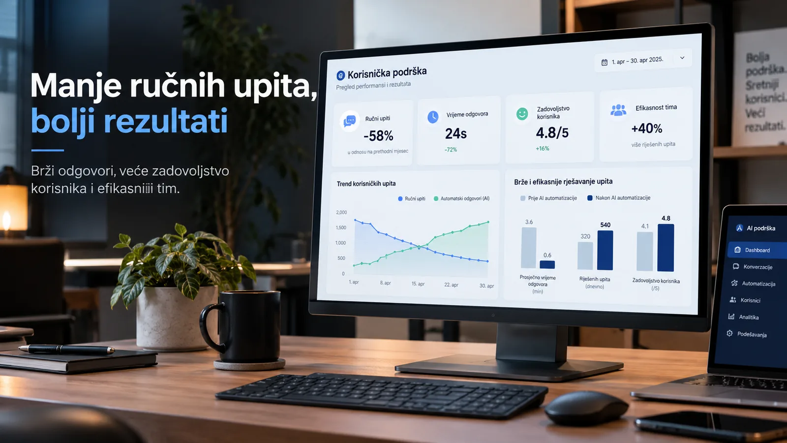 AI automatizacija korisničke podrške – prikaz analitike smanjenja ručnih upita, bržeg vremena odgovora, zadovoljstva korisnika i efikasnosti tima.